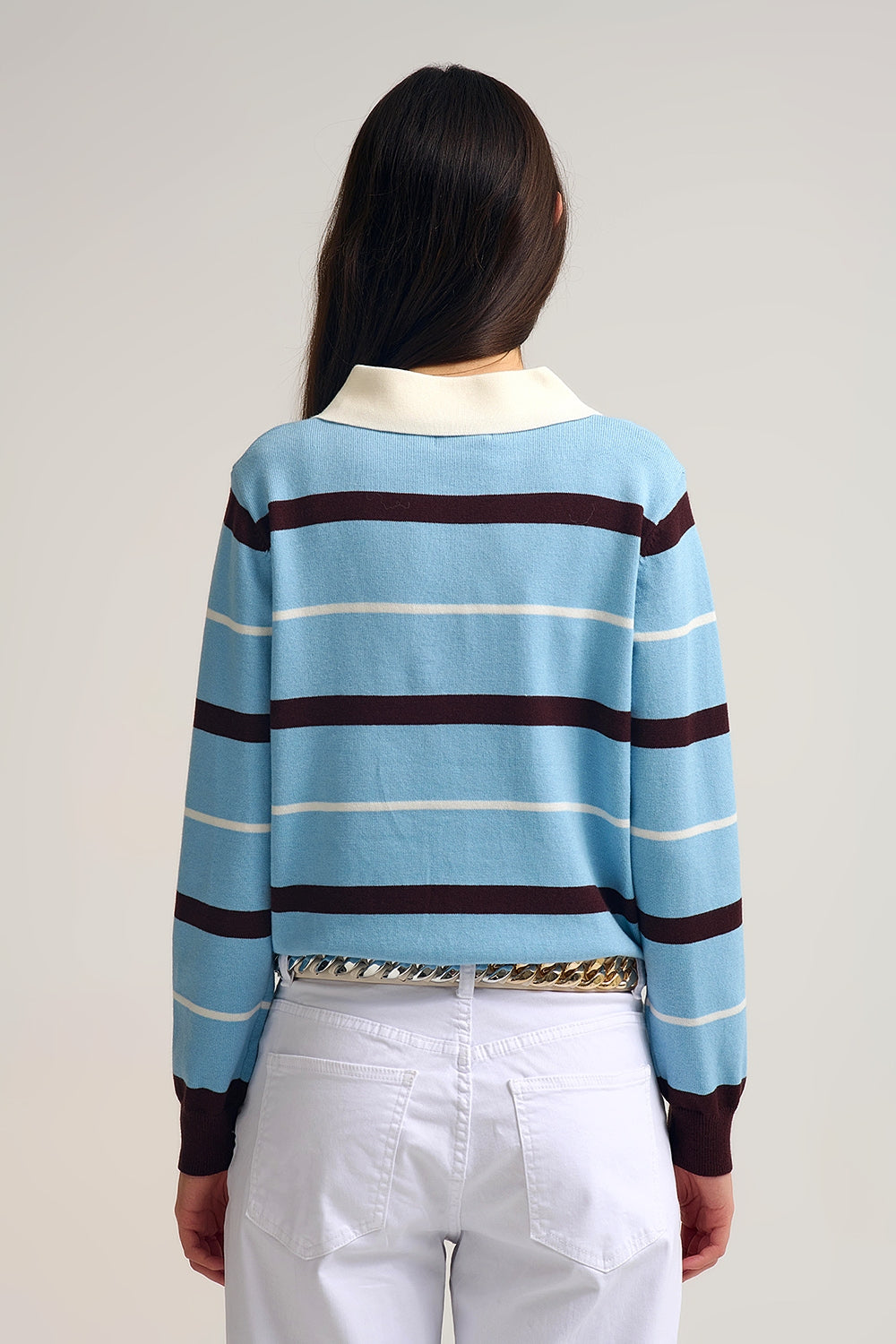 Striped Knit Polo Sweater in blue with white Collar