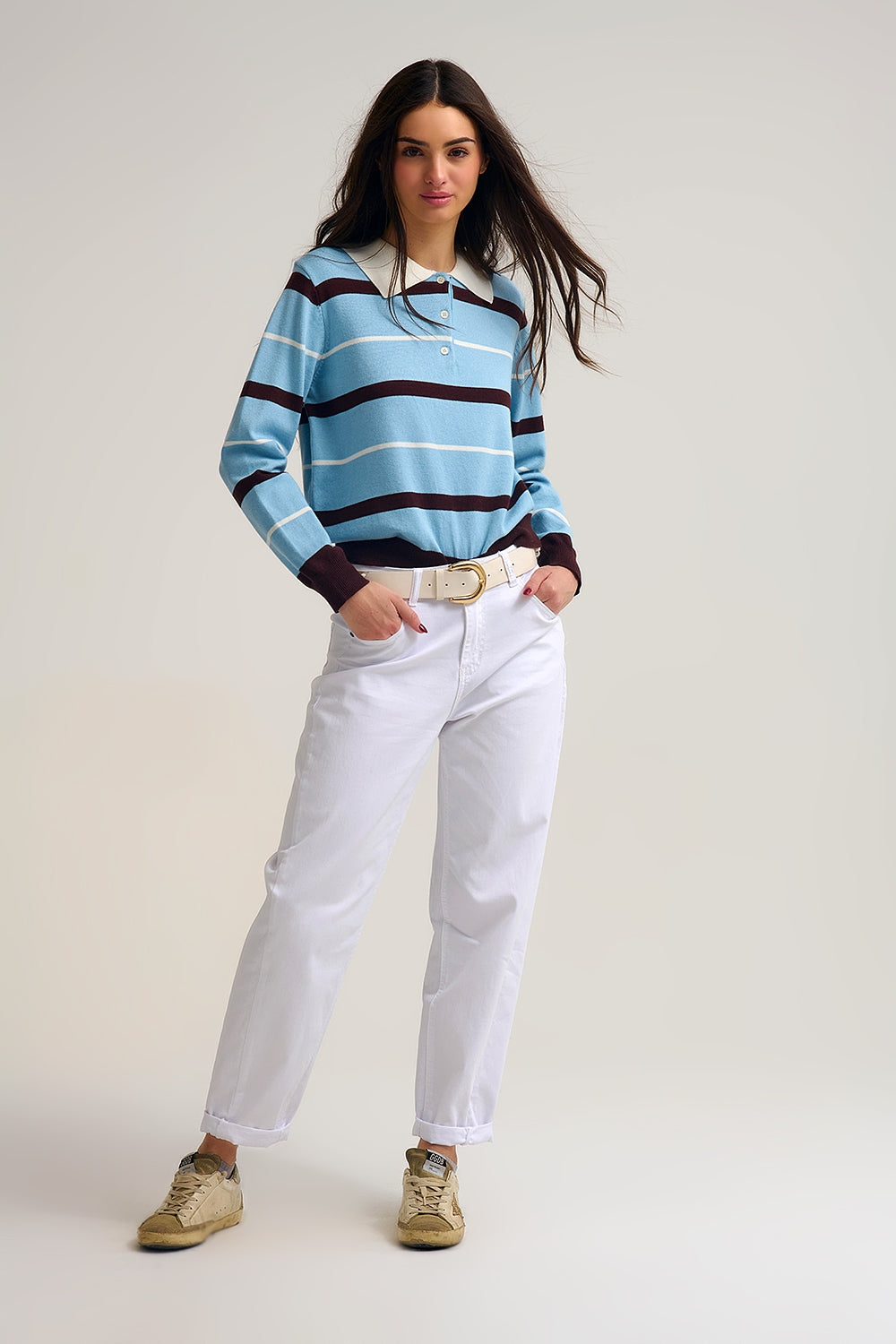 Striped Knit Polo Sweater in blue with white Collar
