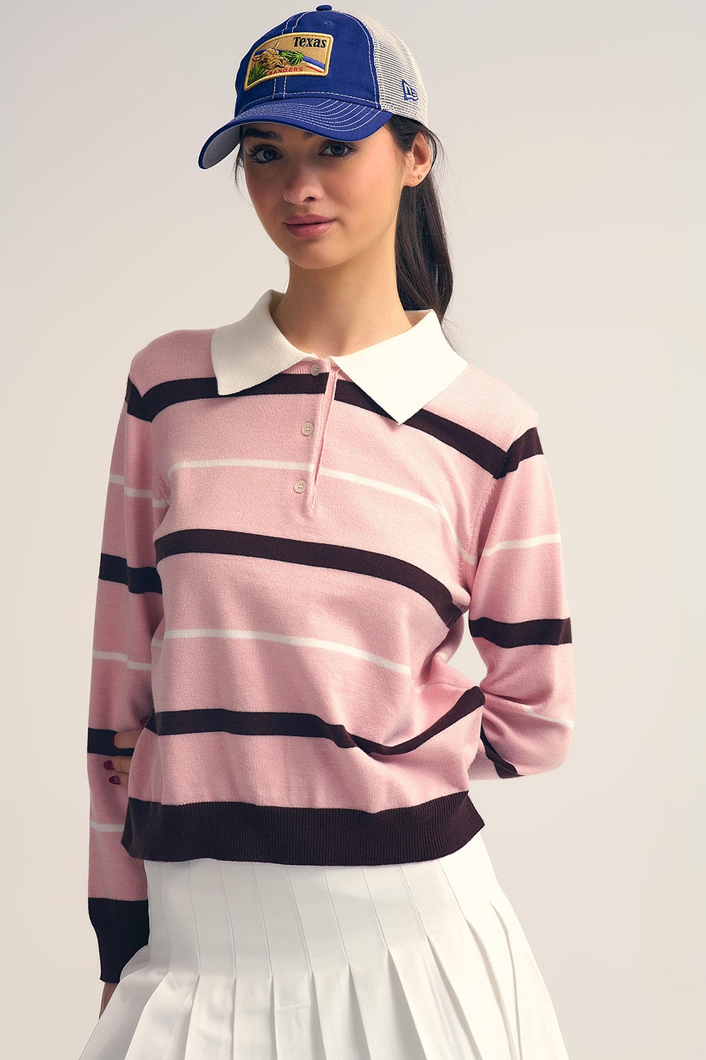 Striped Knit Polo Sweater in pink with white Collar
