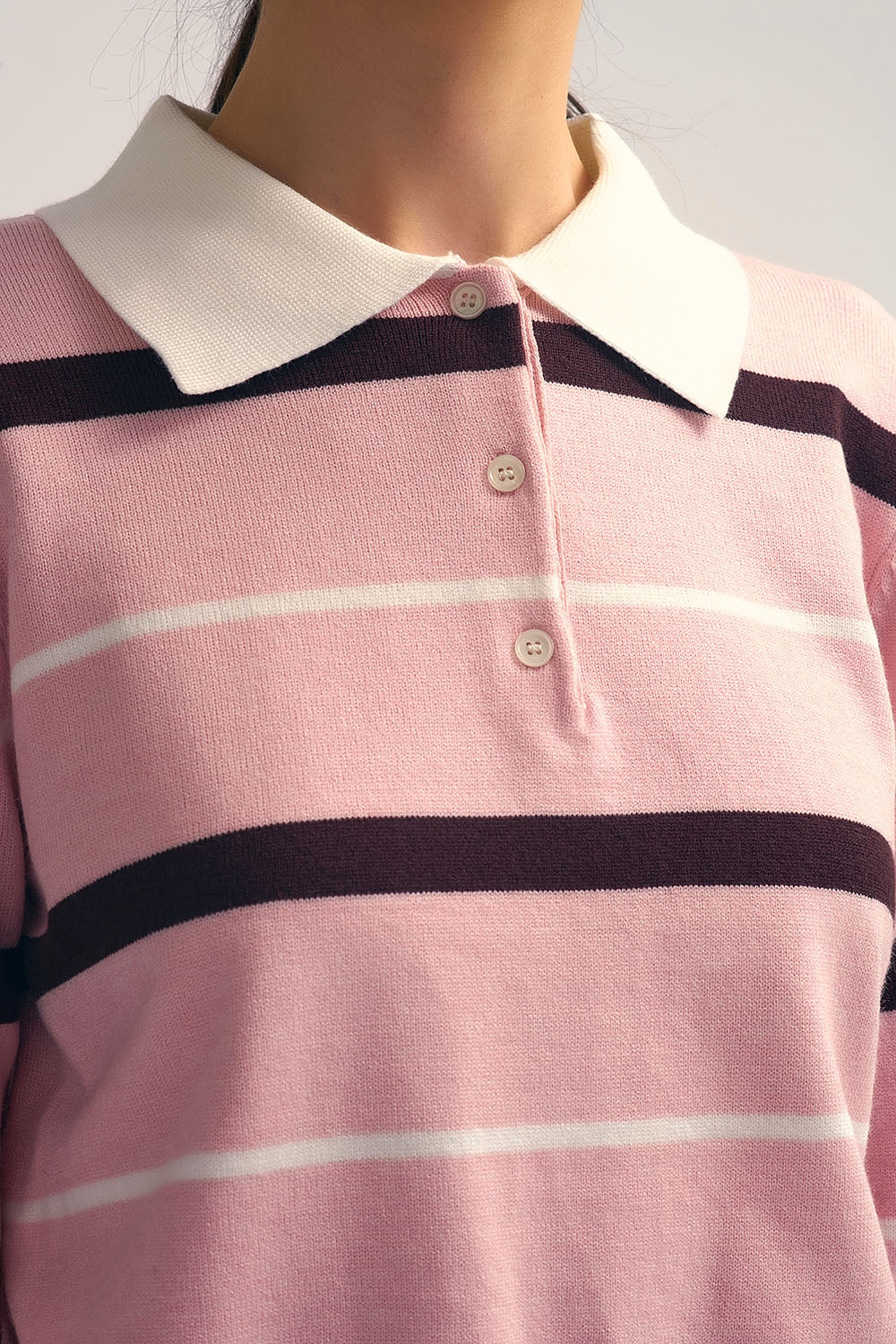 Striped Knit Polo Sweater in pink with white Collar