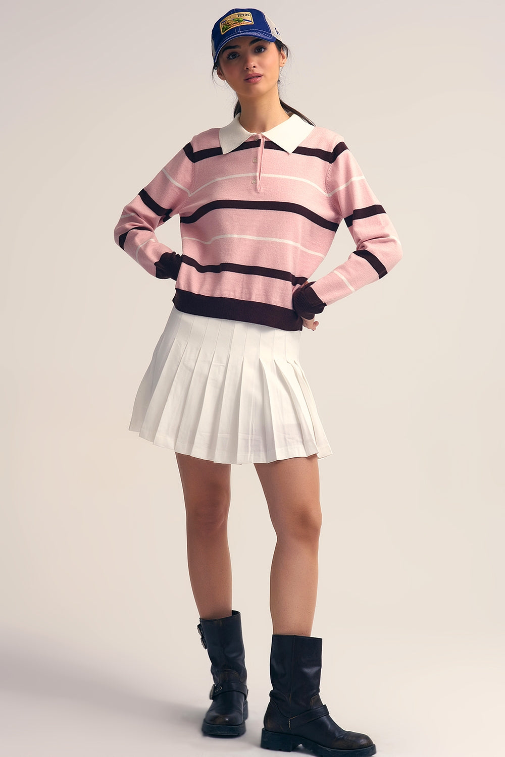 Striped Knit Polo Sweater in pink with white Collar