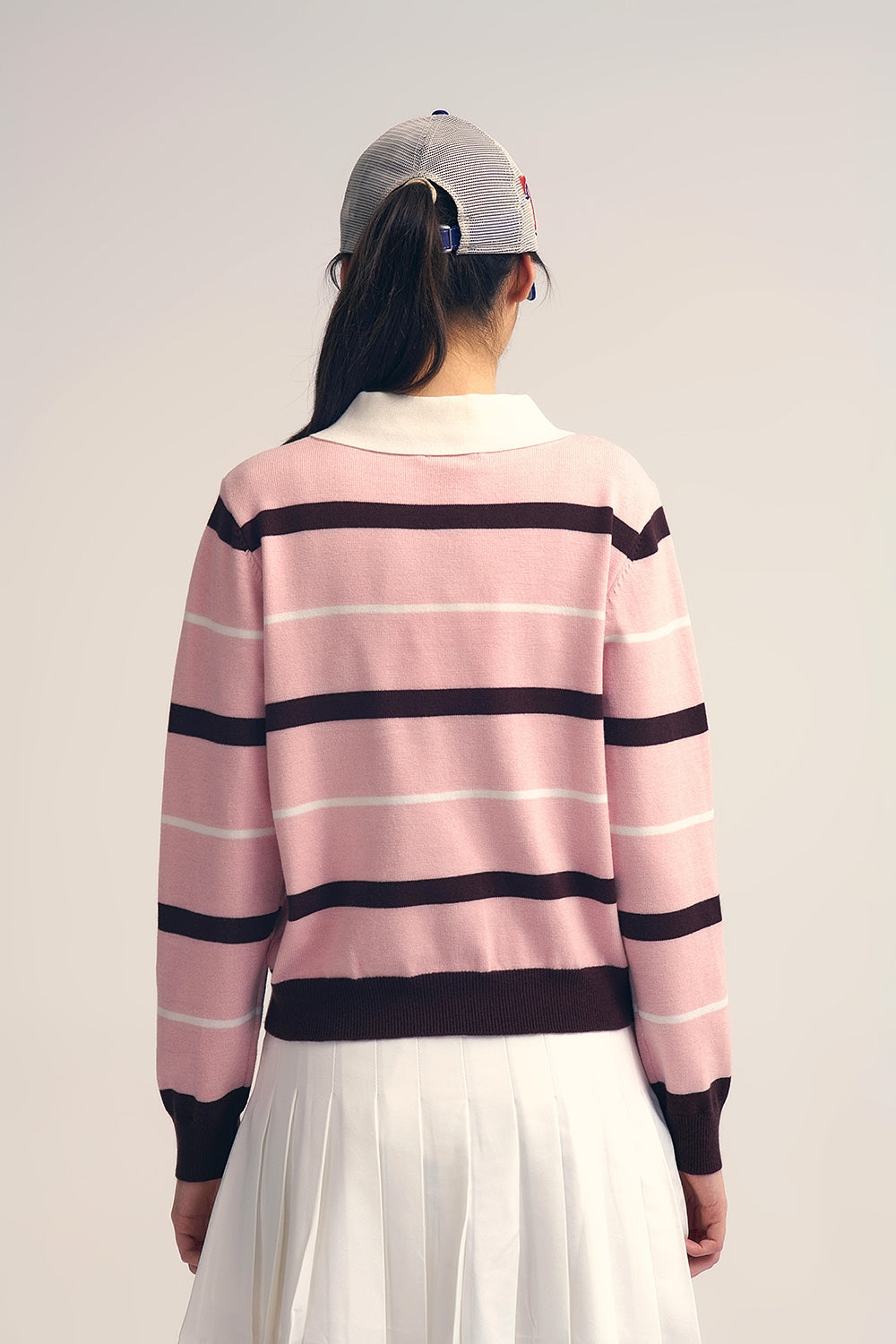 Striped Knit Polo Sweater in pink with white Collar