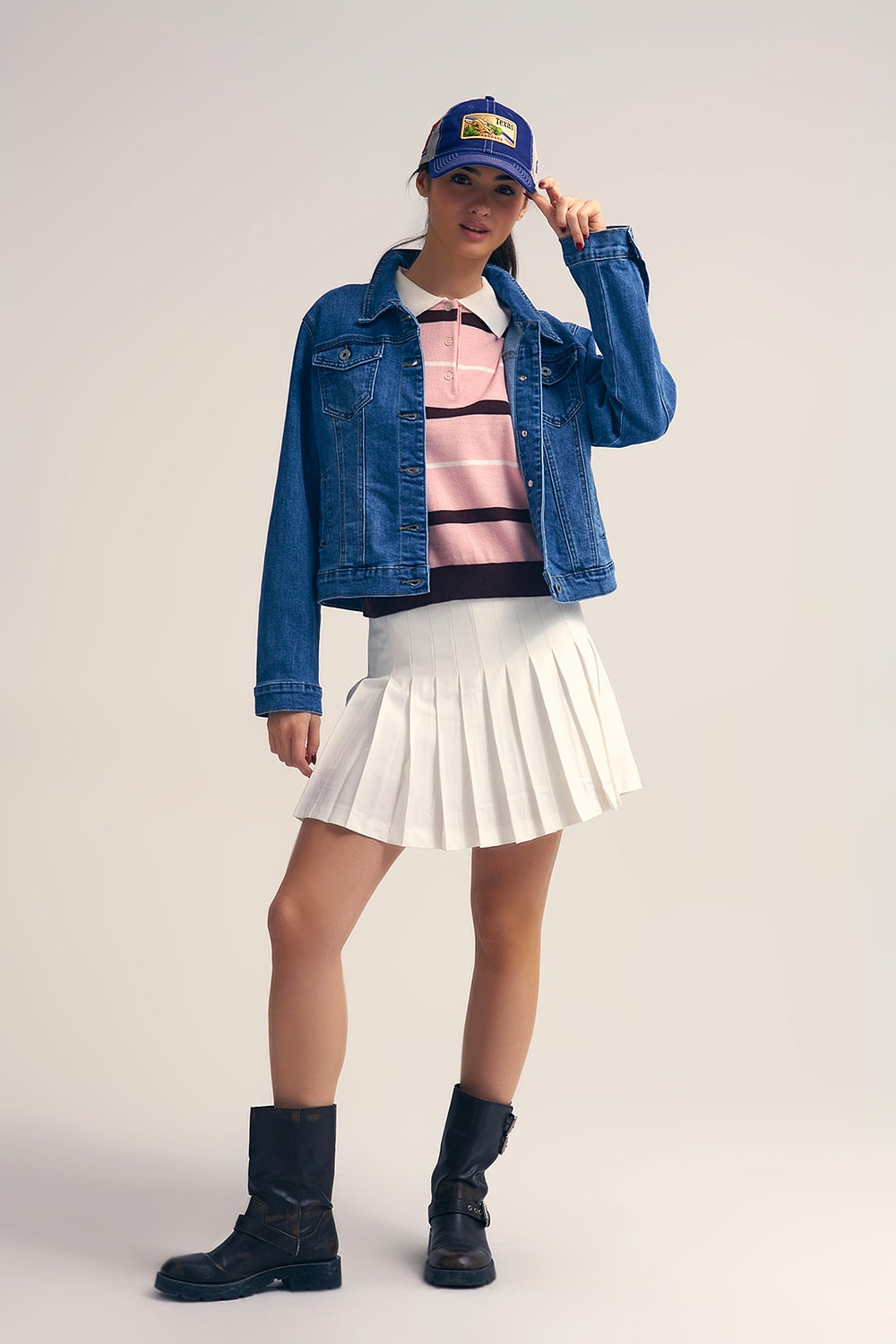 Striped Knit Polo Sweater in pink with white Collar