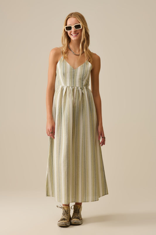 Q2 Striped V-Neck Strappy Dress in Green