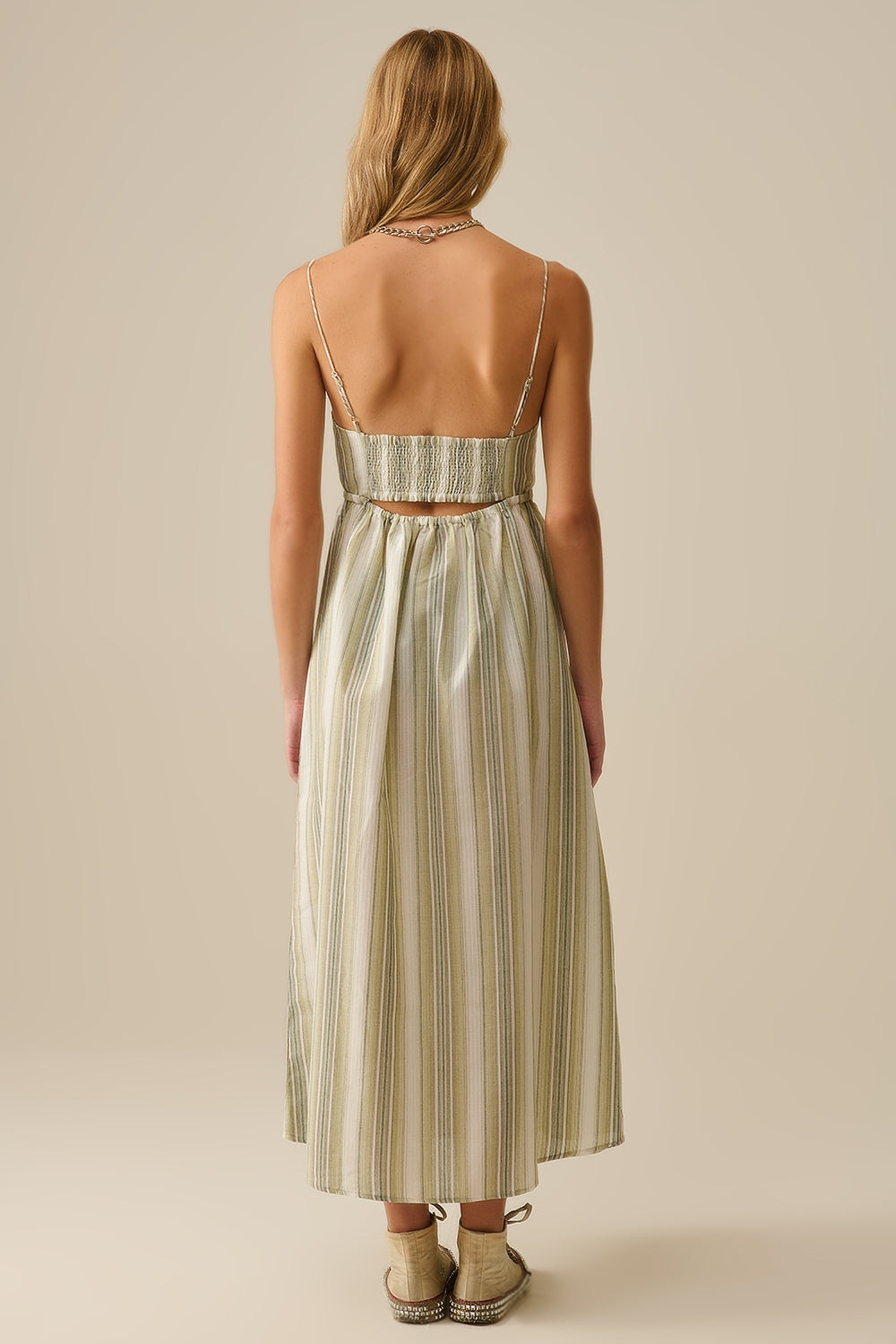 Striped V-Neck Strappy Dress in Green