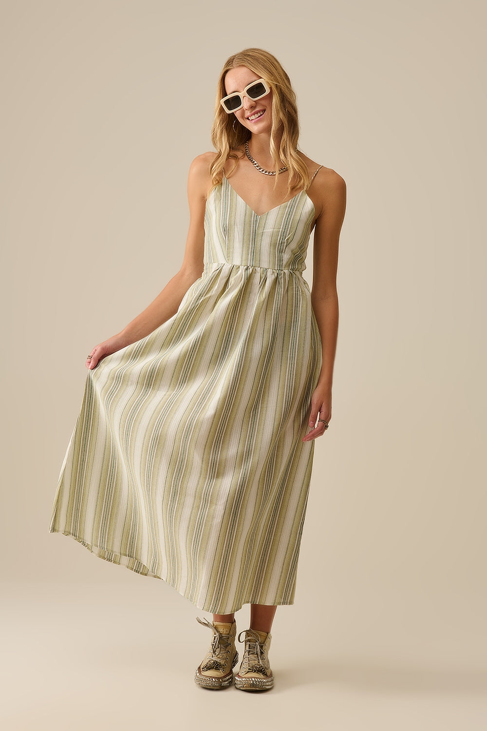 Striped V-Neck Strappy Dress in Green