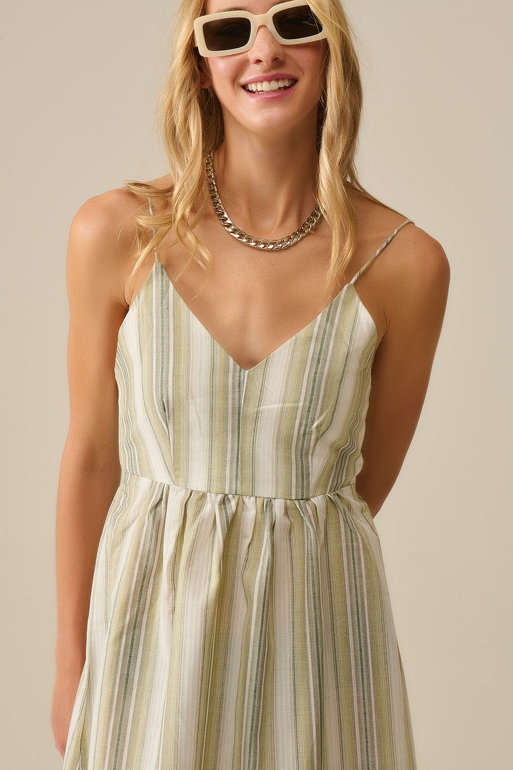 Striped V-Neck Strappy Dress in Green