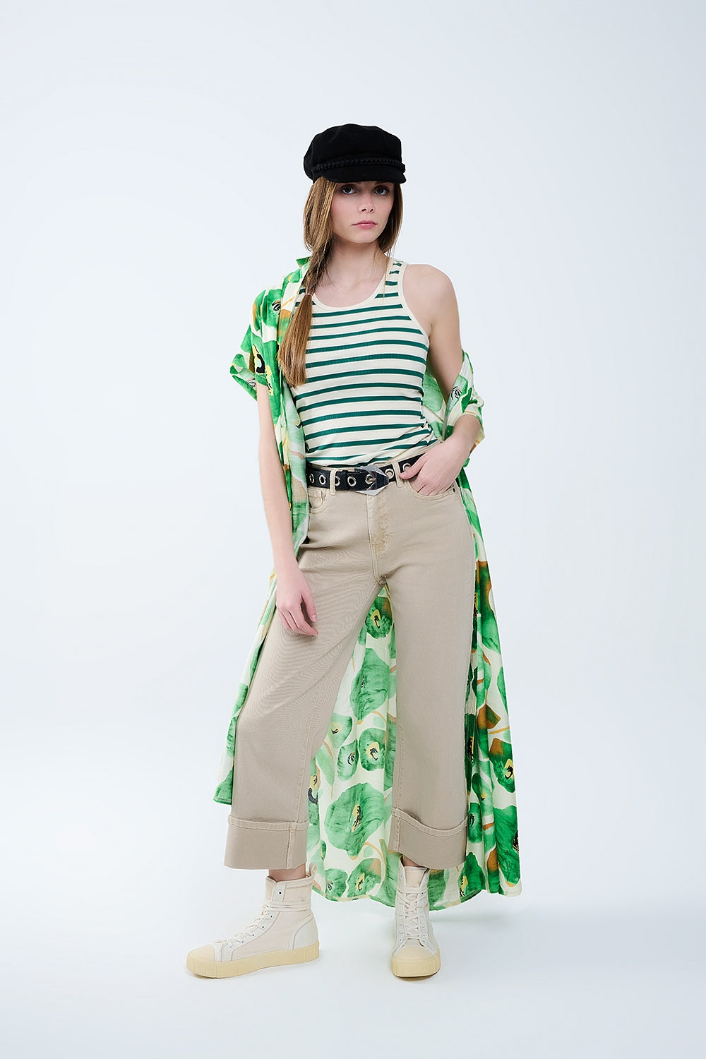 Striped White Tank Top with Green