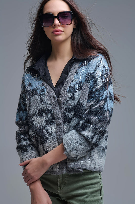 Q2 Stylish Gray Knit Cardigan with sequin Abstract Print