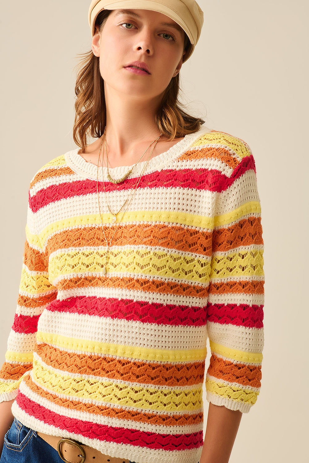 Q2 Summer Knitted Striped Sweater in Warm Tones