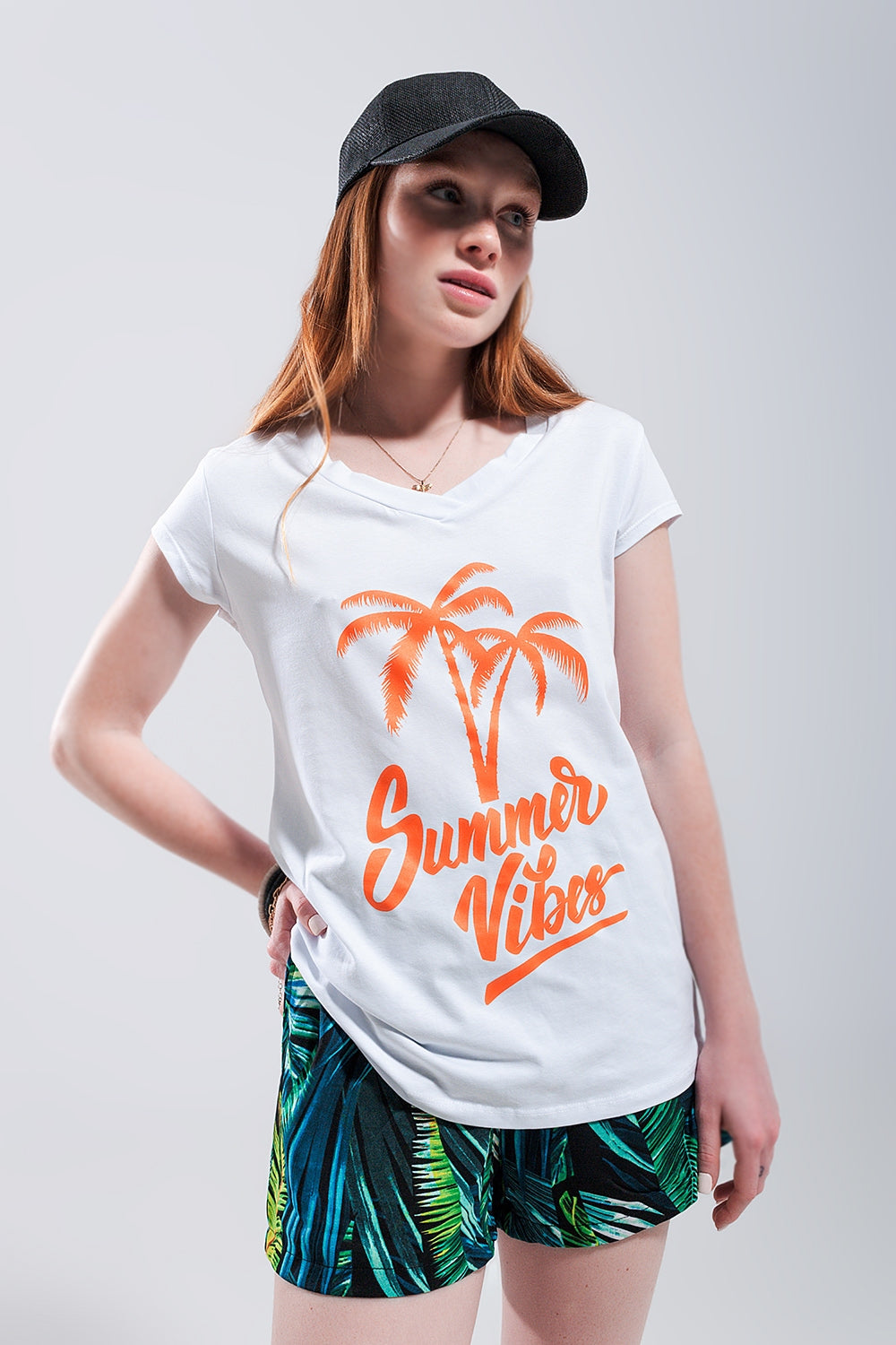 Zomerse vibes print t-shirt in het wit