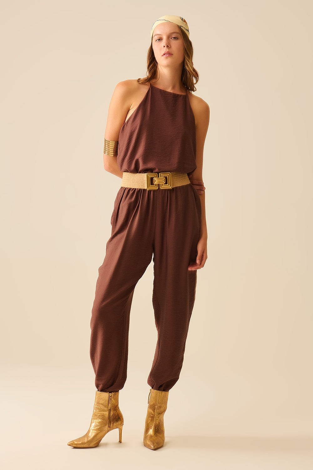 Summery Pants With Elastic Waist and Pockets In Brown