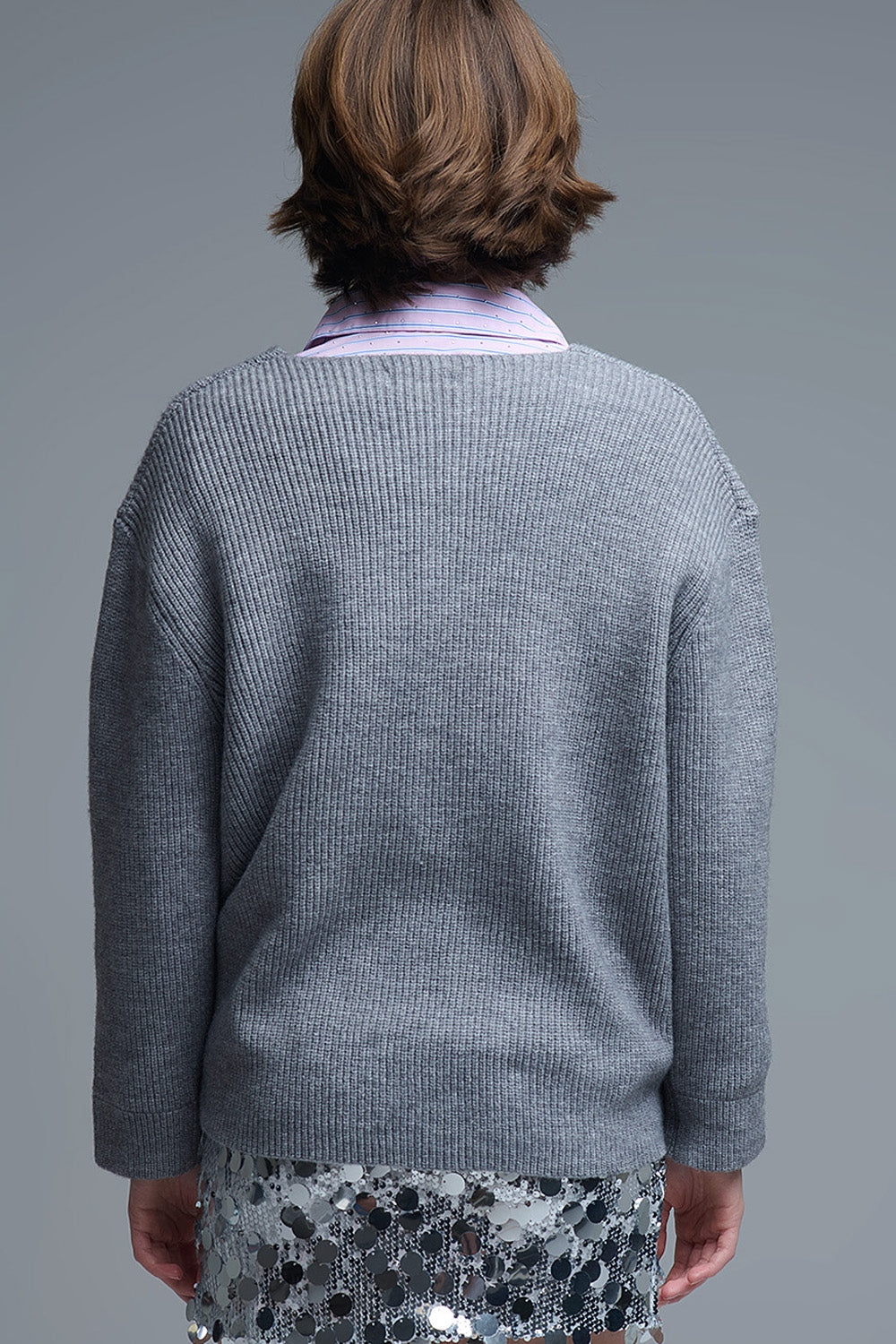 Super oversized Thin V-neck Sweater in Grey