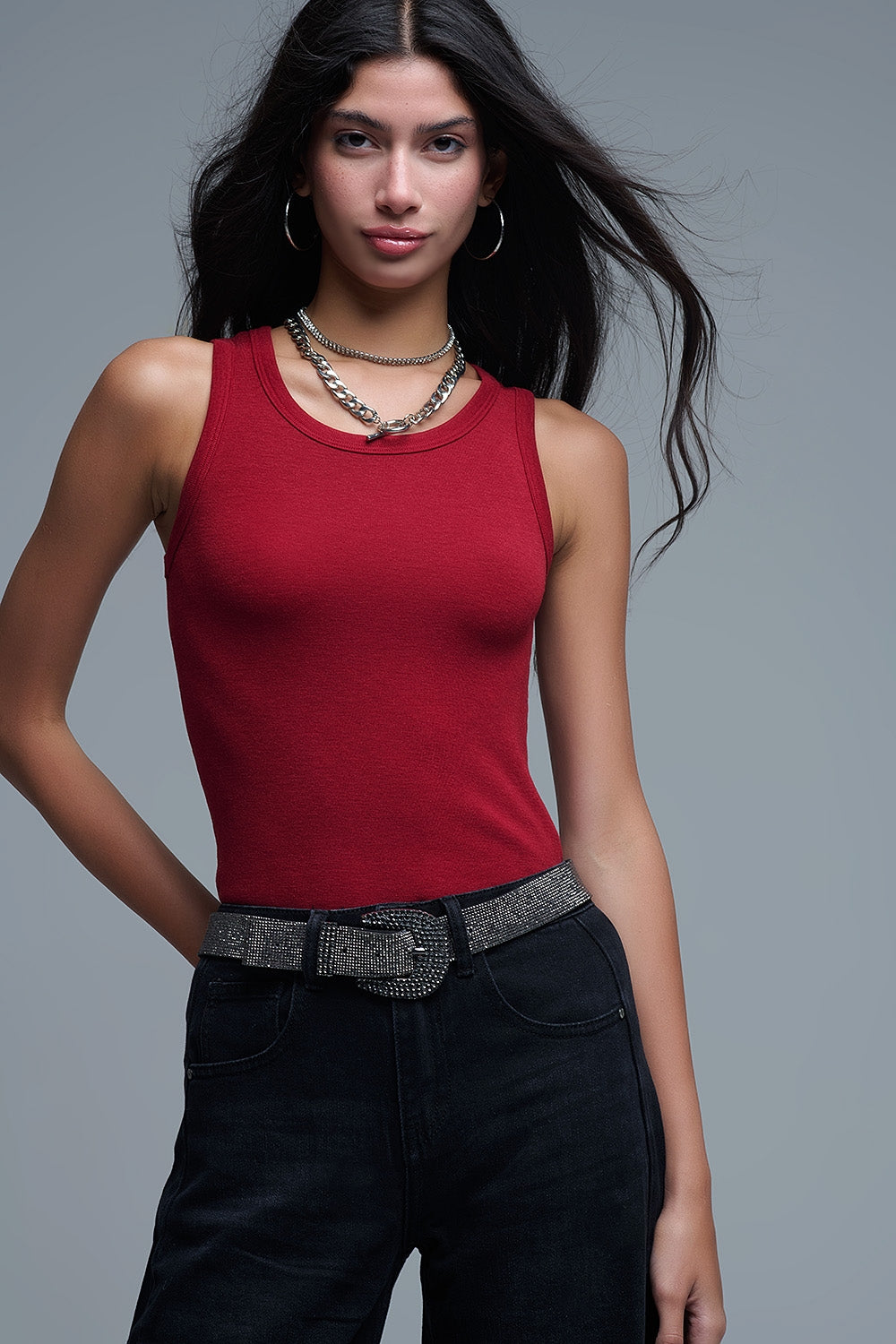 Q2 Super Soft Knitted Basic Tank in Ruby Red