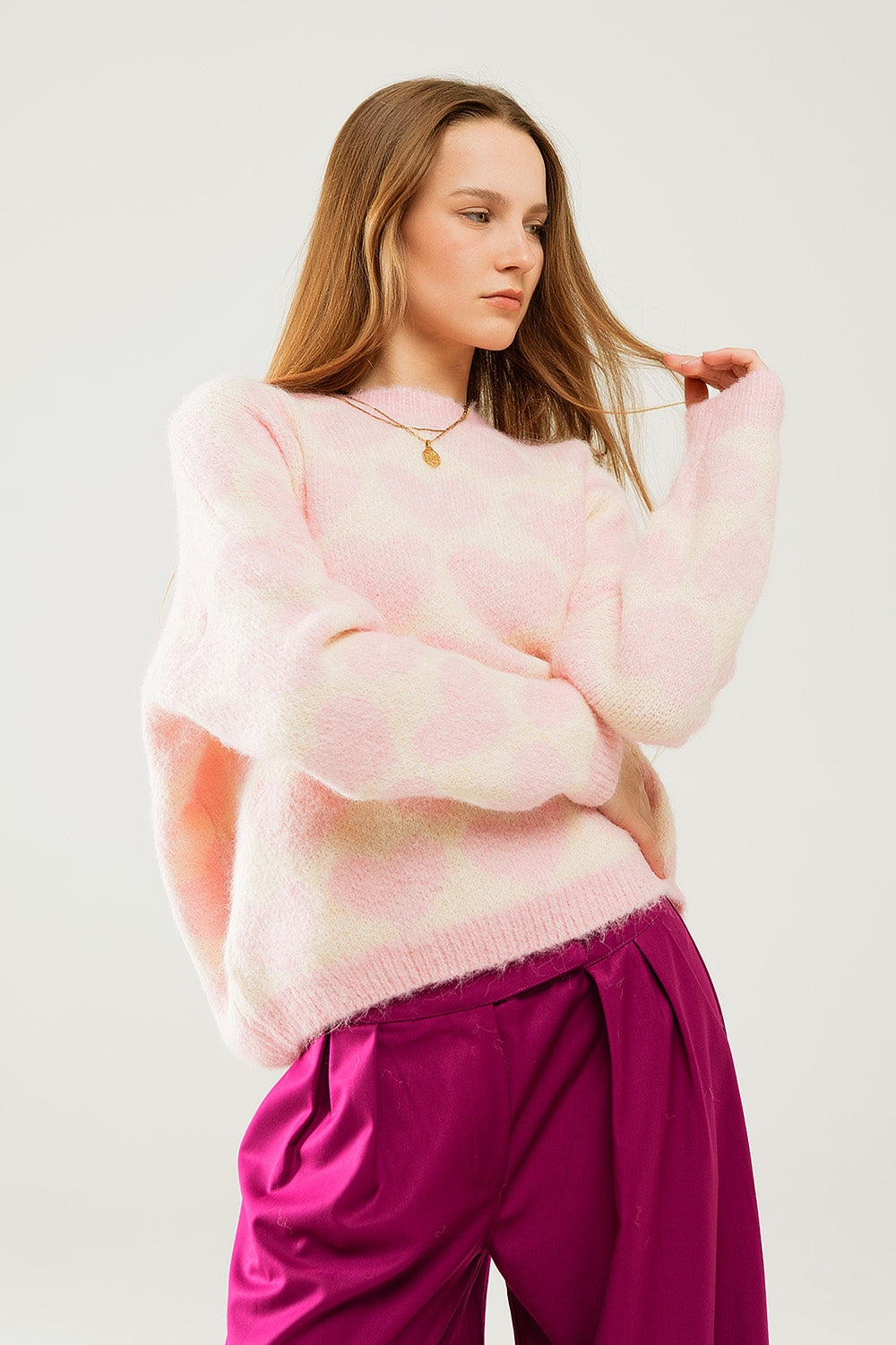 Q2 Super Soft Oversized Cream Sweater With Pink Hearts All Over