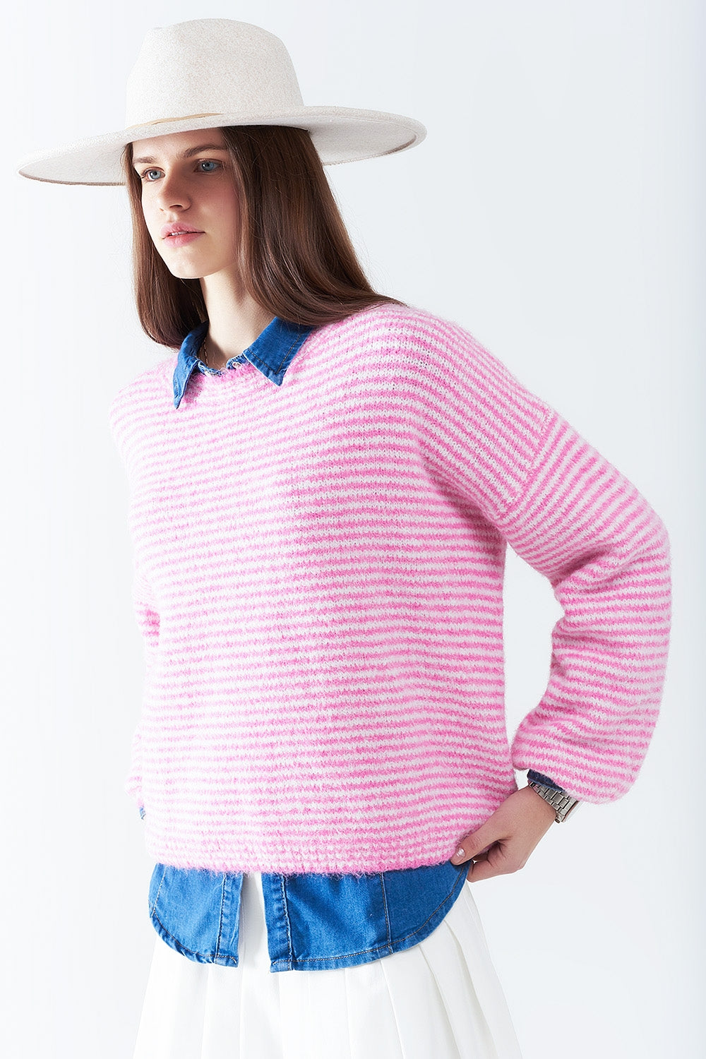 Q2 Sweater in Pink With White Stripes