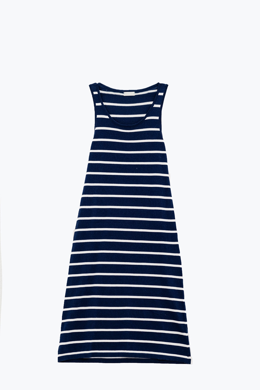 Vestido comprido com decote redondo e alças finas, azul marinho e riscas brancas
