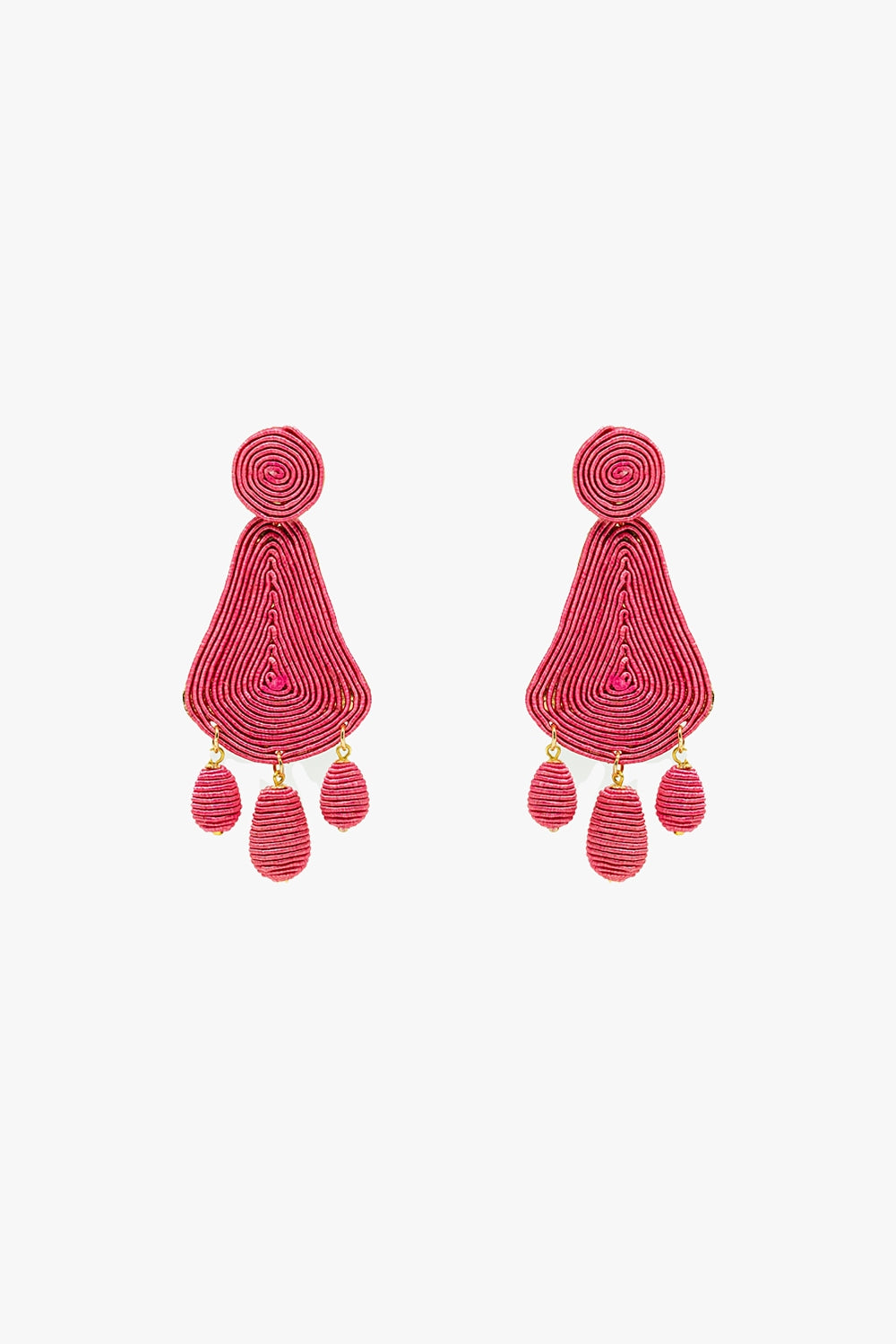 Q2 Tear drop Rafia Earrings With Oval Beads In Fuchsia