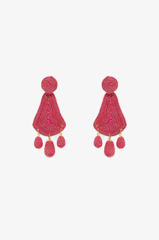 Q2 Tear drop Rafia Earrings With Oval Beads In Fuchsia