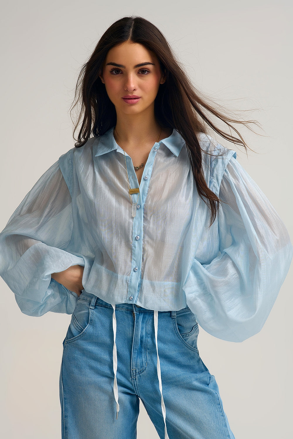 Q2 Tencel Silk Blouse in blue with Balloon Sleeves and nacar Buttons