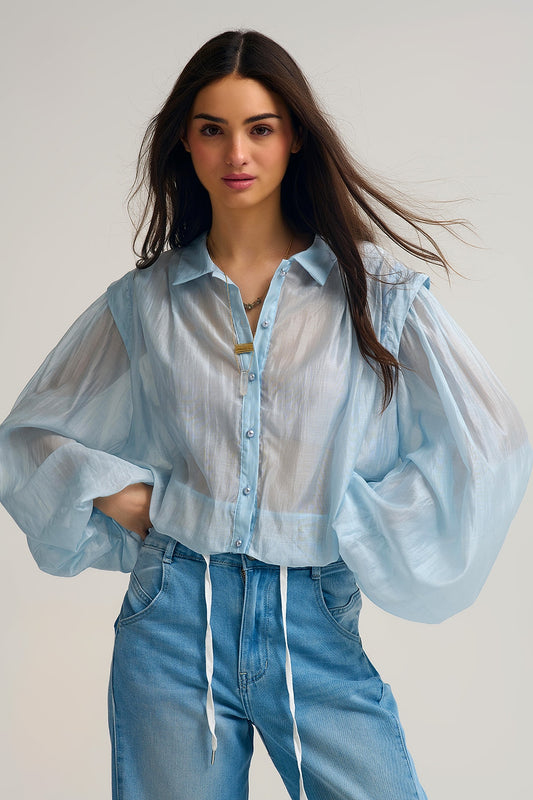 Q2 Tencel Silk Blouse in blue with Balloon Sleeves and nacar Buttons