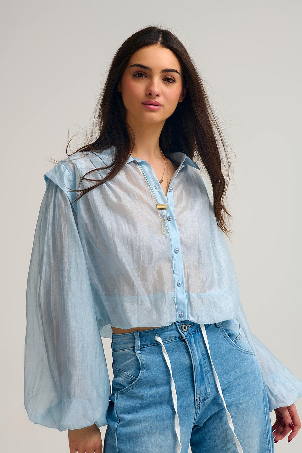 Tencel Silk Blouse in blue with Balloon Sleeves and nacar Buttons