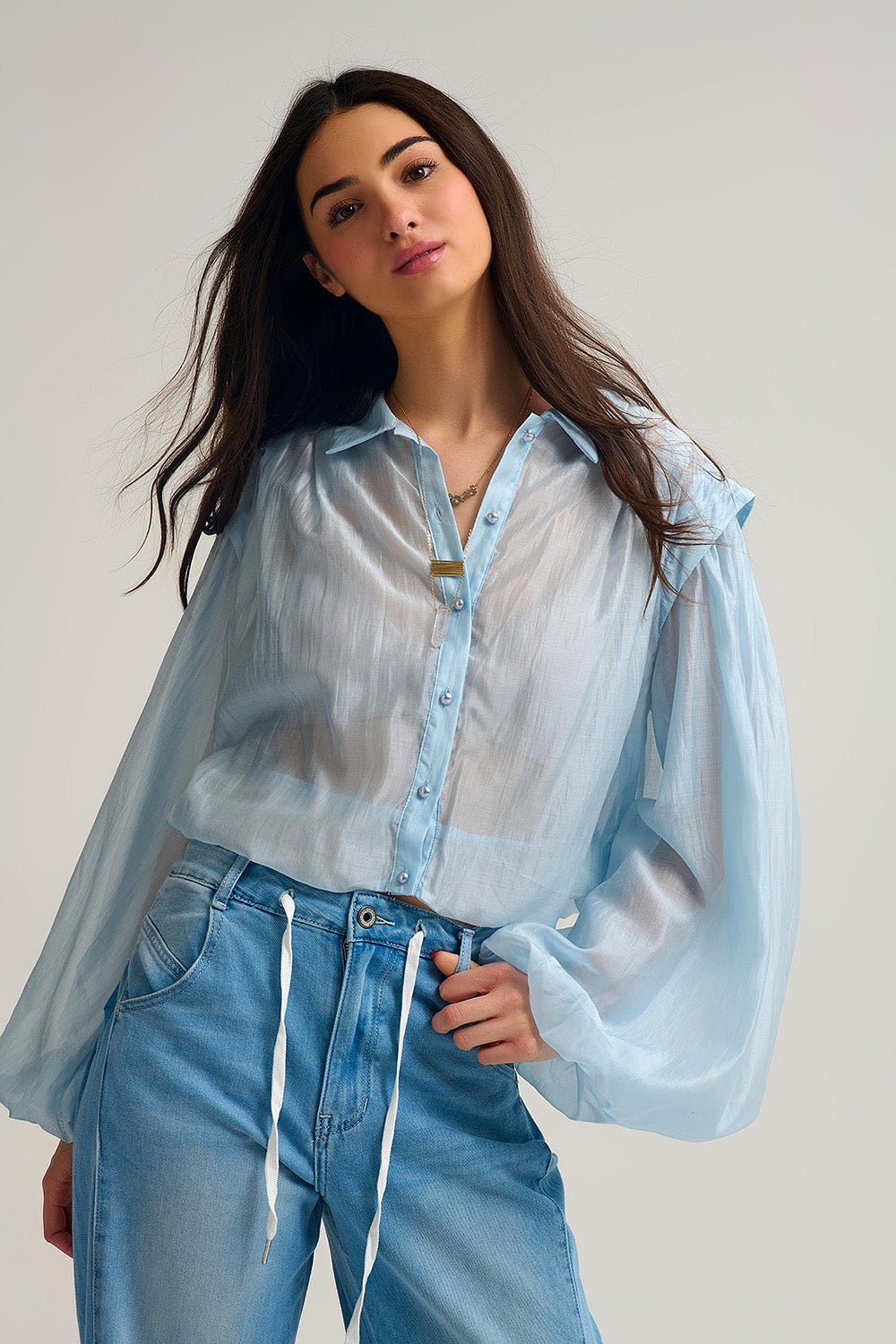 Tencel Silk Blouse in blue with Balloon Sleeves and nacar Buttons