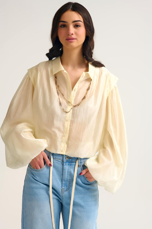 Q2 Tencel Silk Blouse in cream with Balloon Sleeves and nacar Buttons