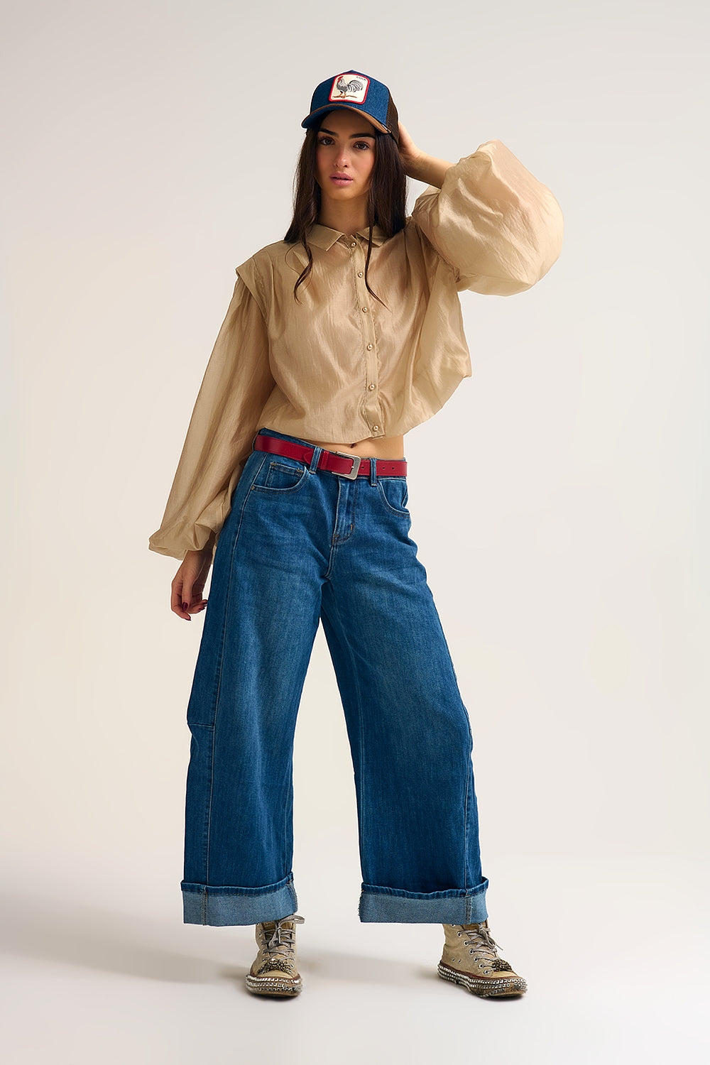 Tencel Silk Blouse with Balloon Sleeves and nacar Buttons