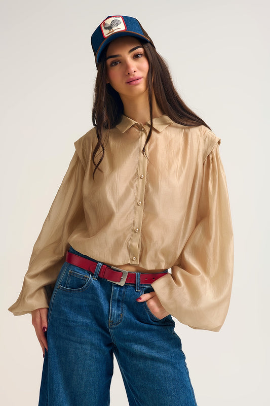 Q2 Tencel Silk Blouse with Balloon Sleeves and nacar Buttons