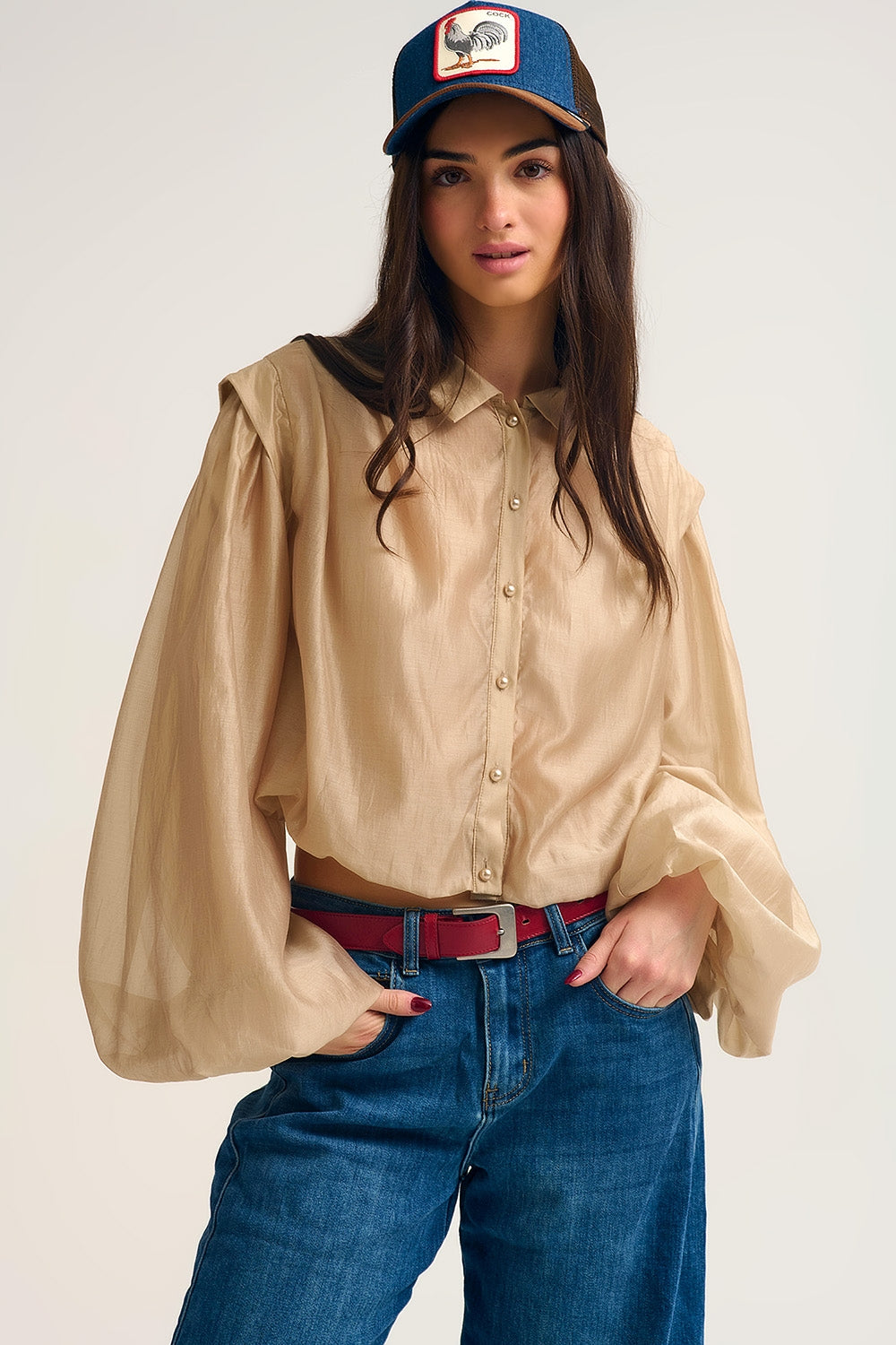 Tencel Silk Blouse with Balloon Sleeves and nacar Buttons