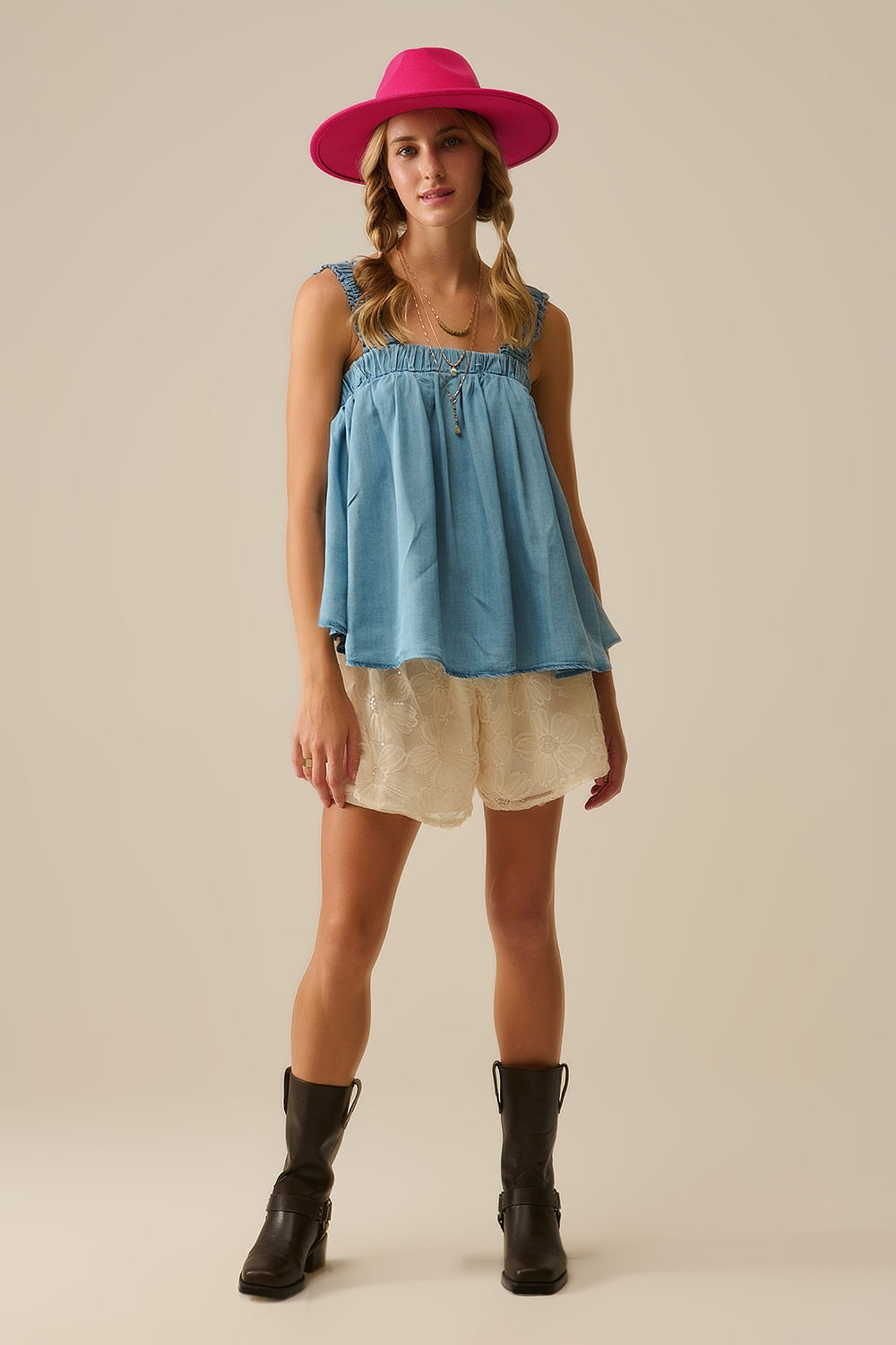 Tencel fabric Top with Rouched Straps in Blue