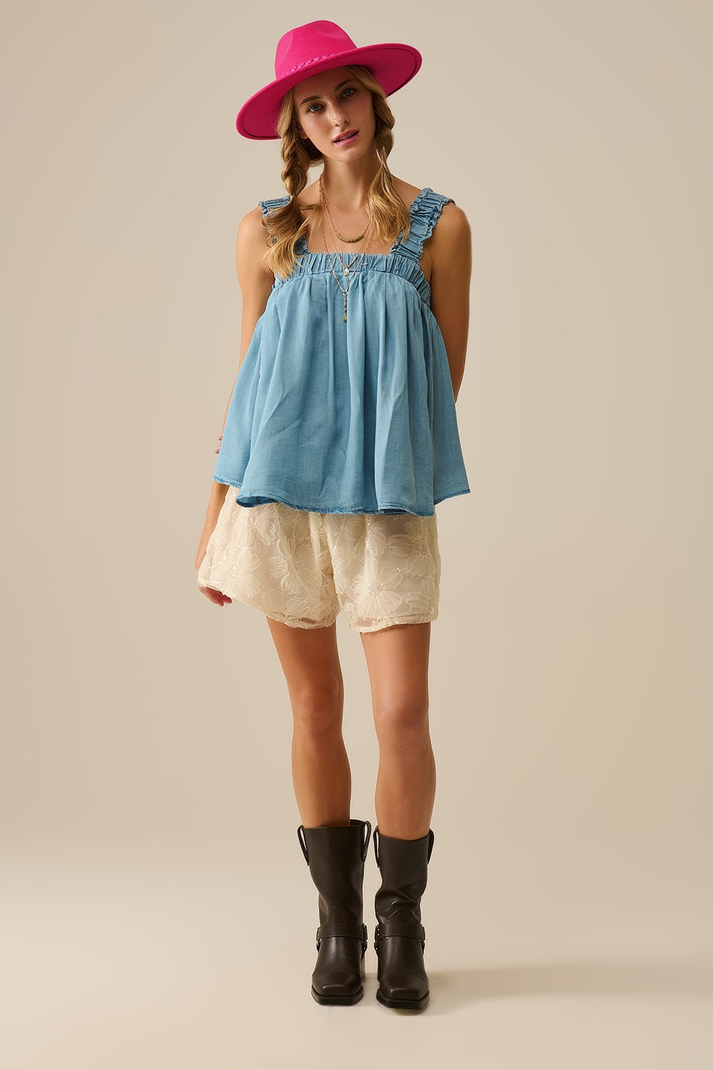 Tencel fabric Top with Rouched Straps in Blue