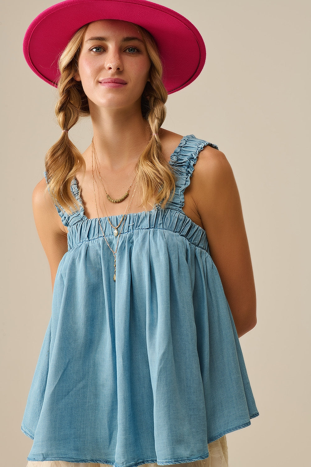 Tencel fabric Top with Rouched Straps in Blue