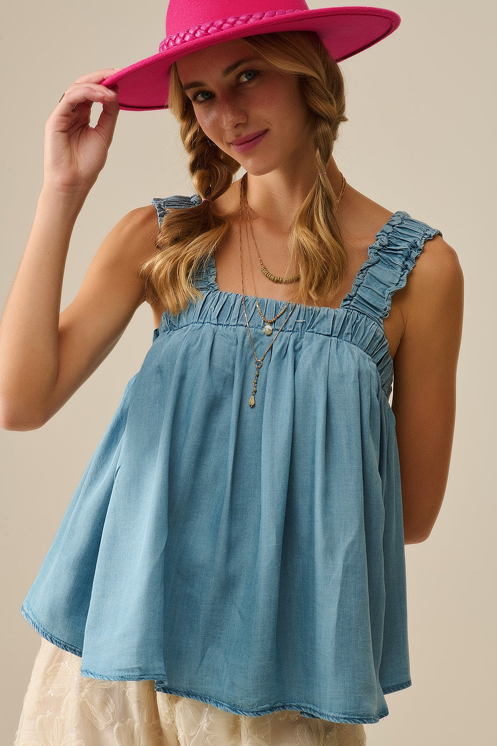 Q2 Tencel fabric Top with Rouched Straps in Blue