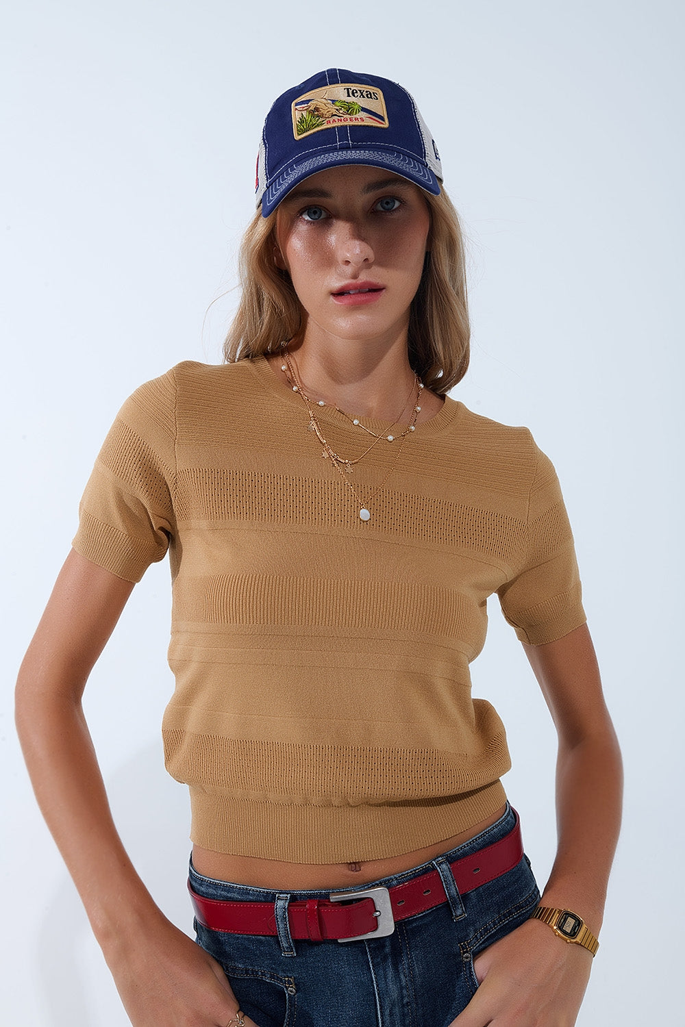 Textured Stripe Knit Sweater in Camel