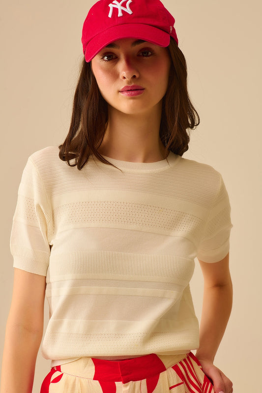 Q2 Textured Stripe Knit Sweater in White