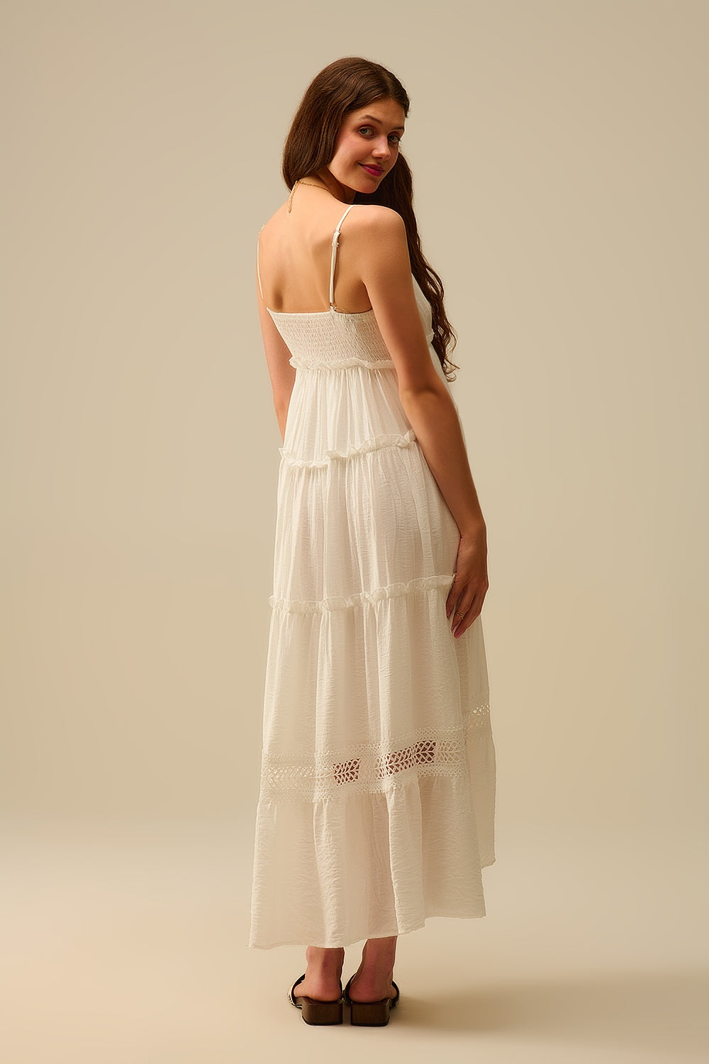 Tiered Maxi Dress with Lace Inserts in White