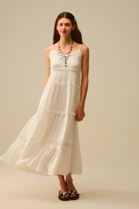 Q2 Tiered Maxi Dress with Lace Inserts in White
