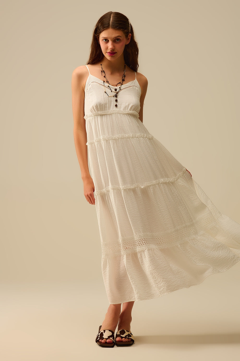 Tiered Maxi Dress with Lace Inserts in White