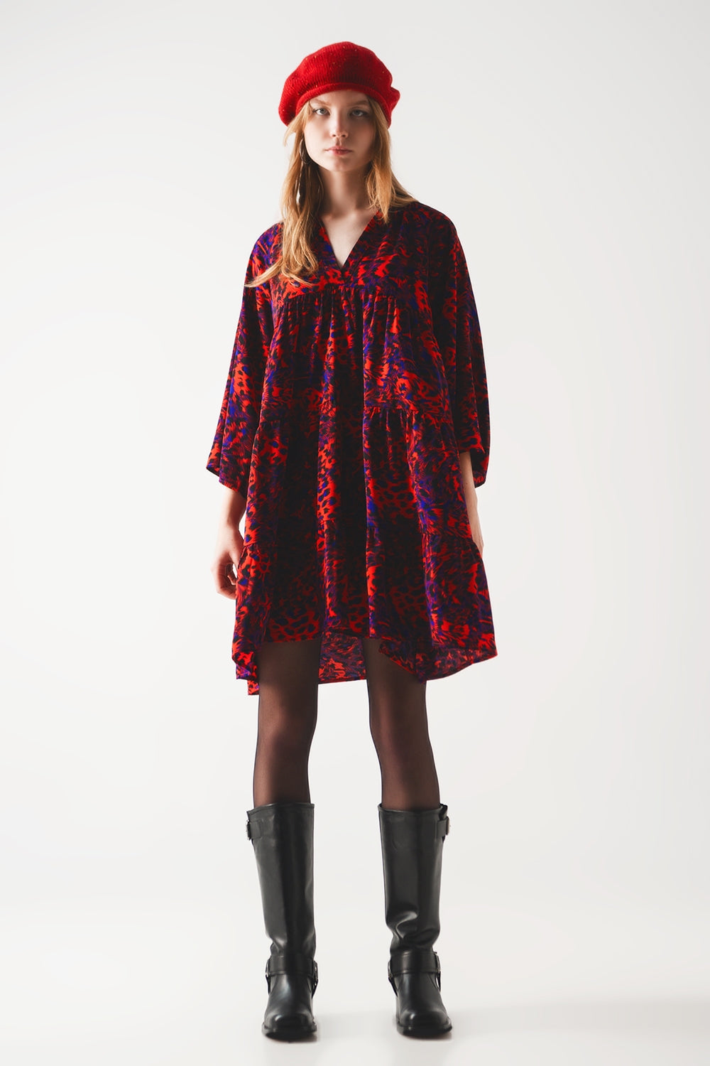 Tiered mini smock dress in animal print in red