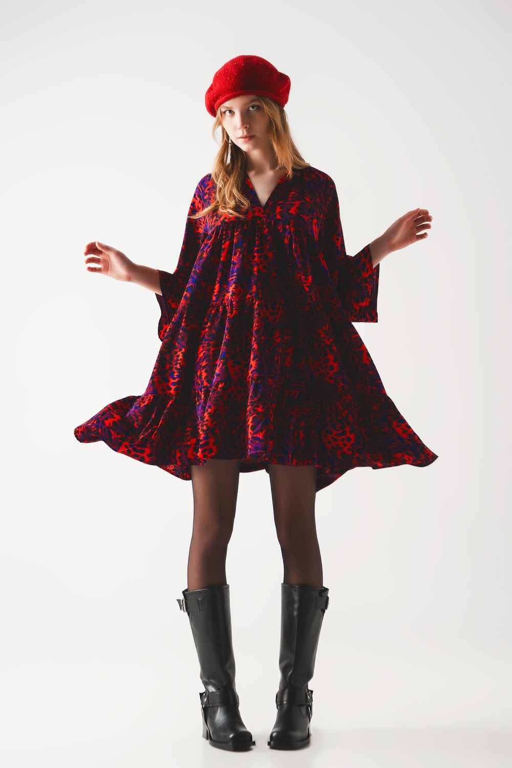 Tiered mini smock dress in animal print in red