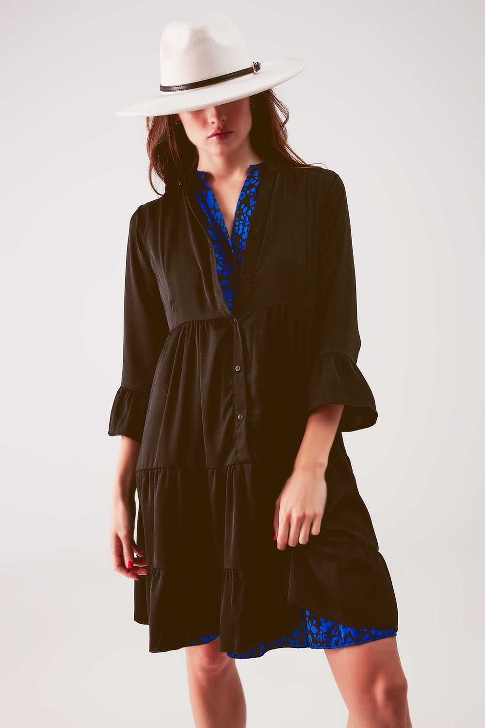 Tiered smock mini dress in black