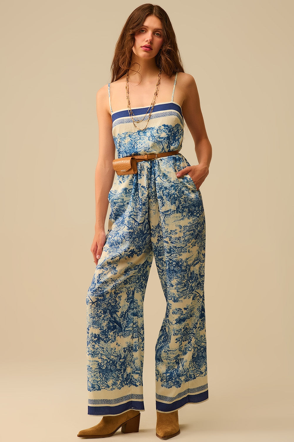 Q2 Toile de Jouy Print Jumpsuit with Thin Straps