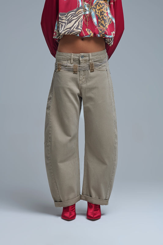 Q2 Trendy Beige Barrel Balloon Jeans with Pockets