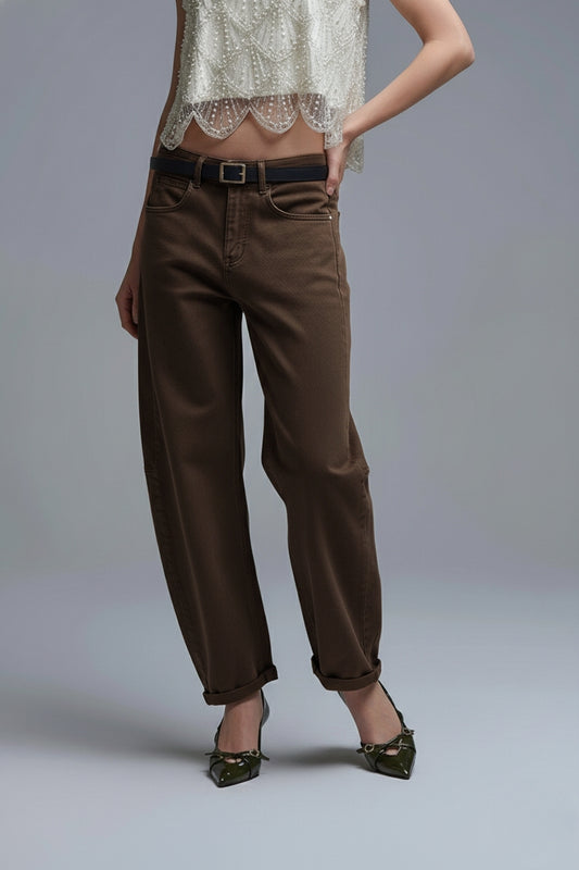 Q2 Trendy brown Barrel Balloon Jeans with Pockets