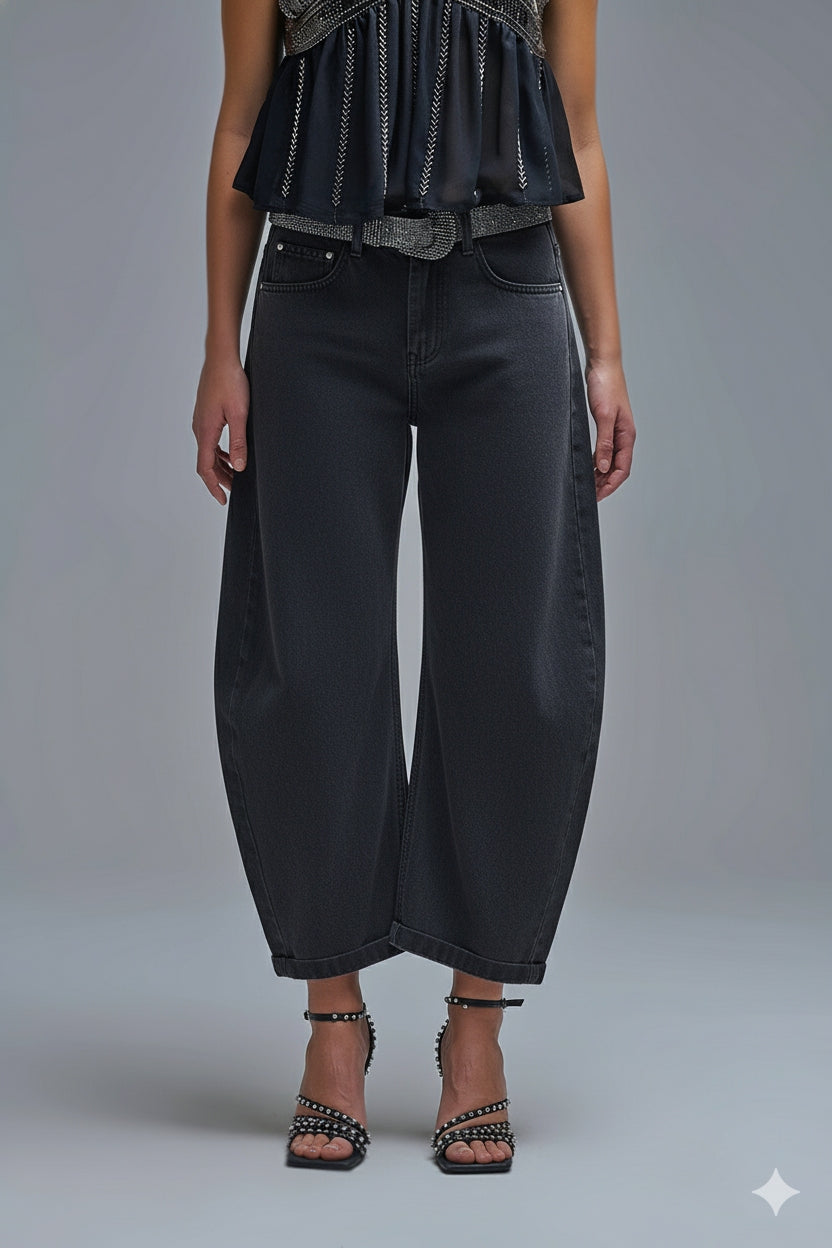 Q2 Trendy Gray Barrel Balloon Jeans with Pockets