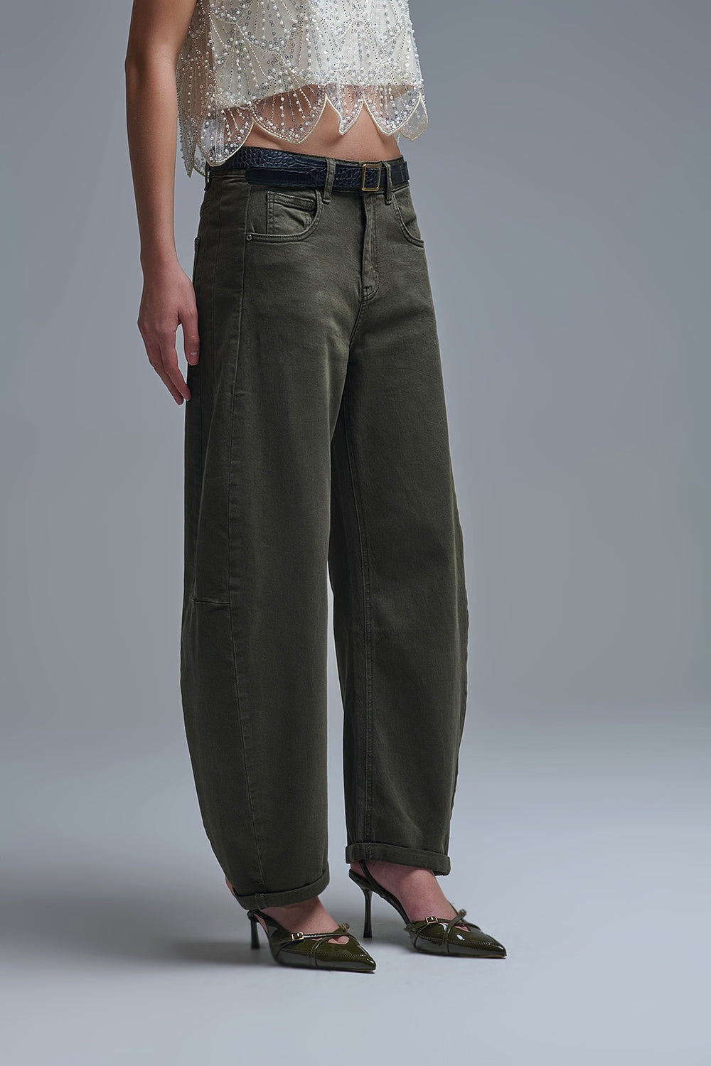 Q2 Trendy Green Barrel Balloon Jeans with Pockets