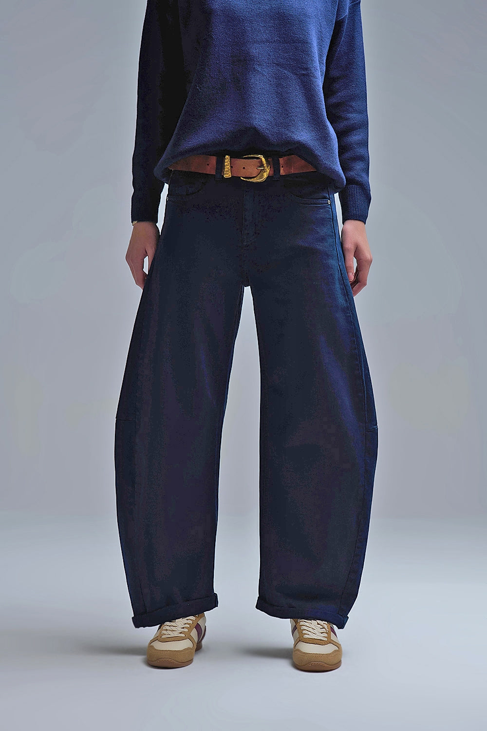 Q2 Trendy Navy Barrel Balloon Jeans with Pockets