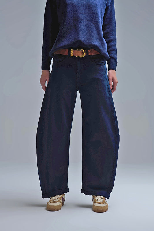 Q2 Trendy Navy Barrel Balloon Jeans with Pockets